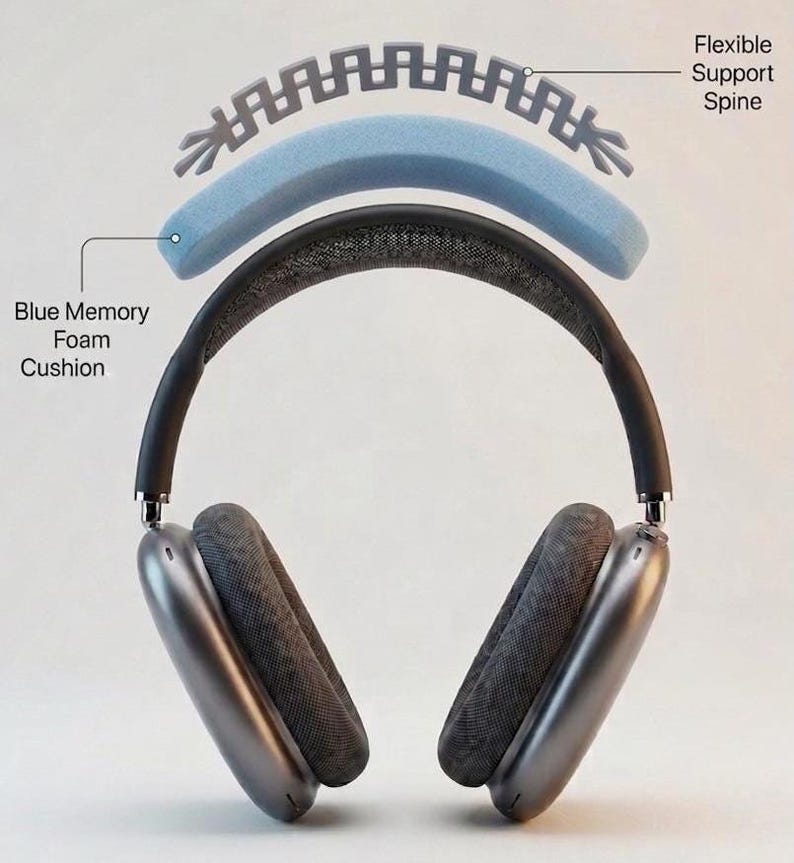 Exploded view showing the PillowPod memory foam cushion and flexible support spine above the headband