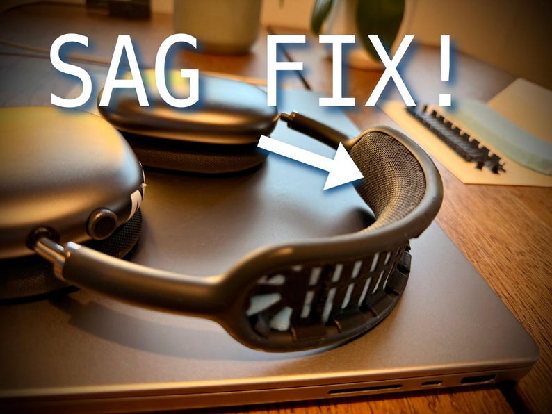 PillowPod headband cover installed on AirPods Max, labeled SAG FIX